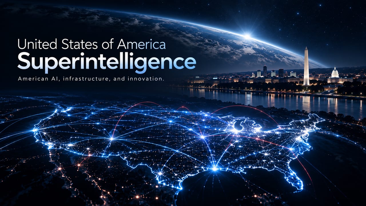 Artwork with the words “United States of America Superintelligence” and “American AI, infrastructure, and innovation.” It shows Earth’s curvature at night, the Washington Monument and U.S. Capitol across the water, and a glowing network of lights and arcs over a map of the United States.